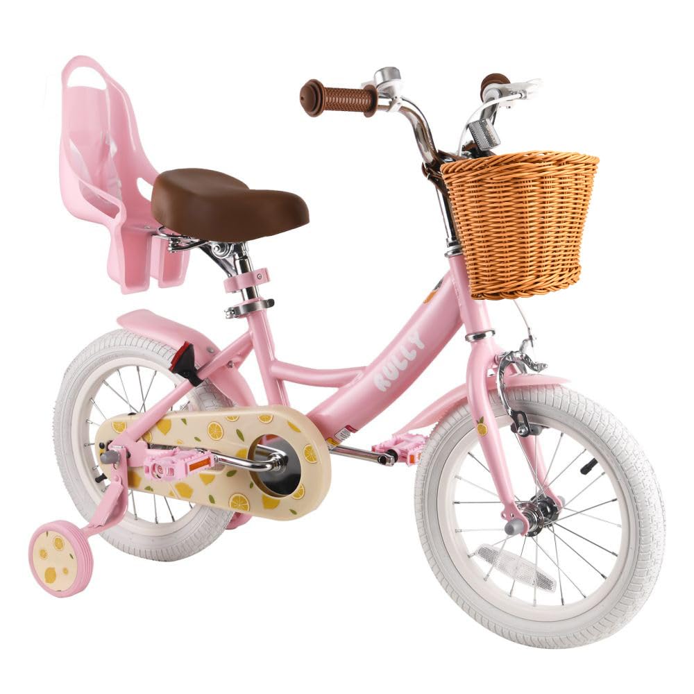 RULLY Lemon Kids Bike 14 Inch Bicycle for Girls Ages 3 4 5 Years, Training Wheels Included, Girl Bikes with Basket & Doll Seat,Pink