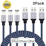 Lightning Cable, Cablex iPhone Charger 3Pack 10FT Extra Long Nylon Braided USB Cable Cord Compatible with iPhone X 8 8Plus 7 7Plus 6s 6sPlus 6 6Plus SE 5 5s 5c iPad iPod & More (Blackblue)