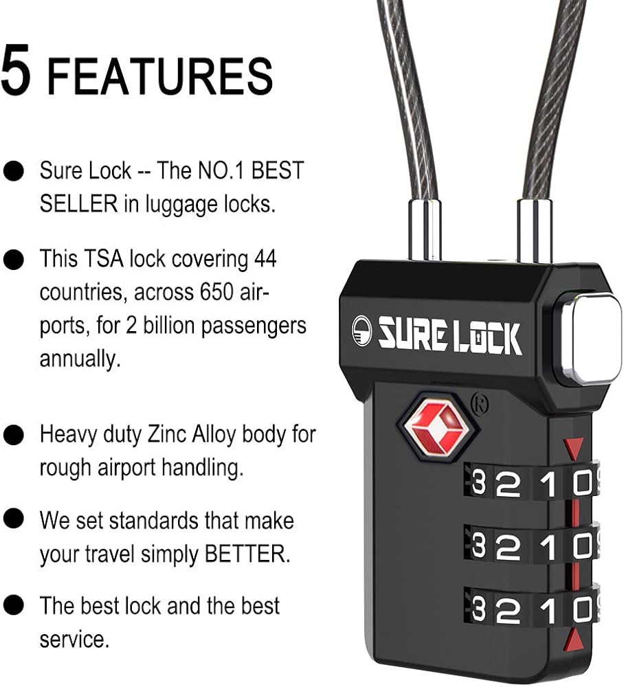  | SURE LOCK TSA Compatible Travel Luggage Locks, Inspection Indicator, Easy Read Dials (Black 2 Pack) | Luggage Locks