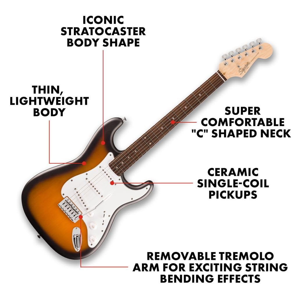 Guitarra eléctrica Fender Squier Debut Series Stratocaster, guitarra para principiantes, con garantía de 2 años, incluye lecciones gratuitas, Sunburst de 2 colores con acabado mate