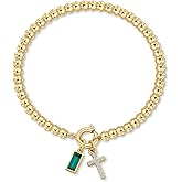 Korotho Cross Birthstone Bracelet for Women - Dainty Elastic 14K Gold Plated Bead Bracelets Trendy Waterproof Non Tarnish Birthday Jewelry Gifts Birthday Christmas Stocking Stuffer for Mom Friends
