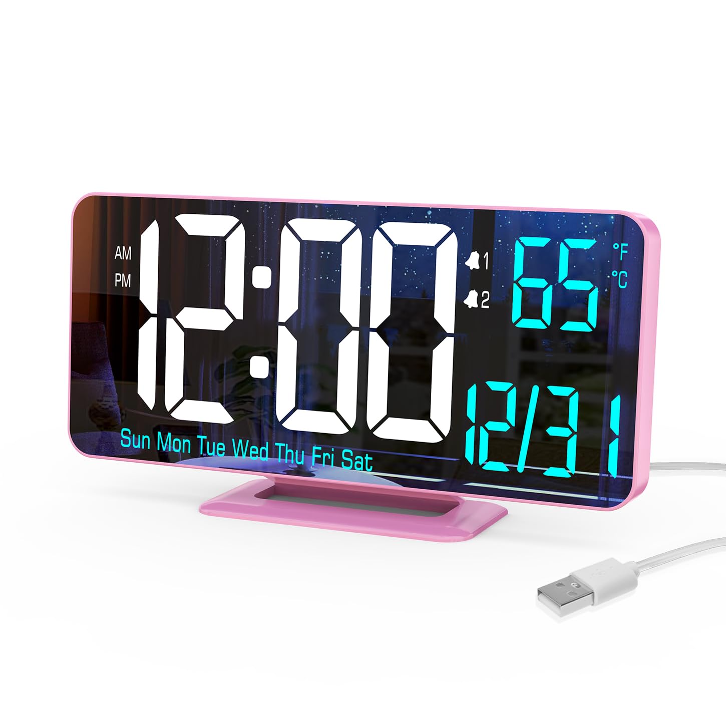 KOSUMOSU Pink Digital Clock for Bedroom 6.7in Dual Alarm Clock with Dimming, 12/24h, Seconds, Date, Day of Week, Temp, Desk Clock, LED Clock for Table Decor, Digital Calendar Table Clocks for Bedrooms