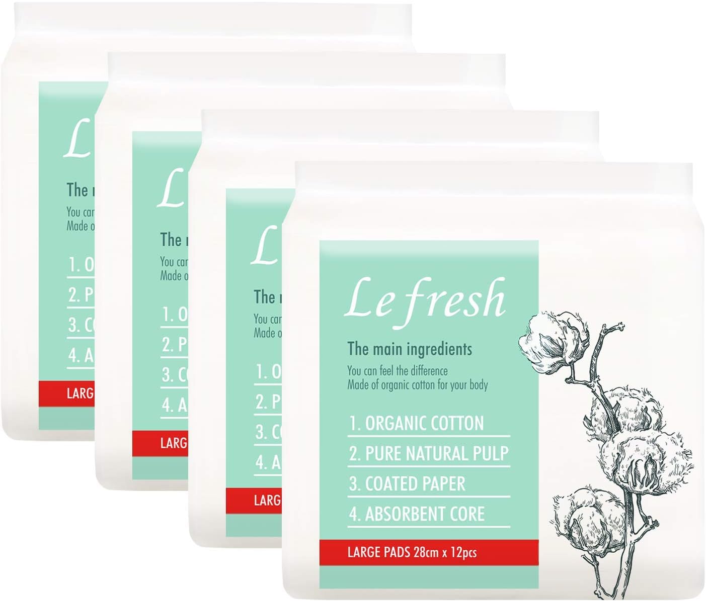 Lefresh Certified Organic Cotton Sanitary Pads with Wings 11", Large, 48 Count (12pcs, 4 Packs) - Healthy Pure Natural Menstrual Pads for Women Heavy Flow