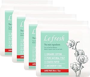 Lefresh Certified Organic Cotton Sanitary Pads with Wings 11", Large, 48 Count (12pcs, 4 Packs) - Healthy Pure Natural Menstrual Pads for Women Heavy Flow