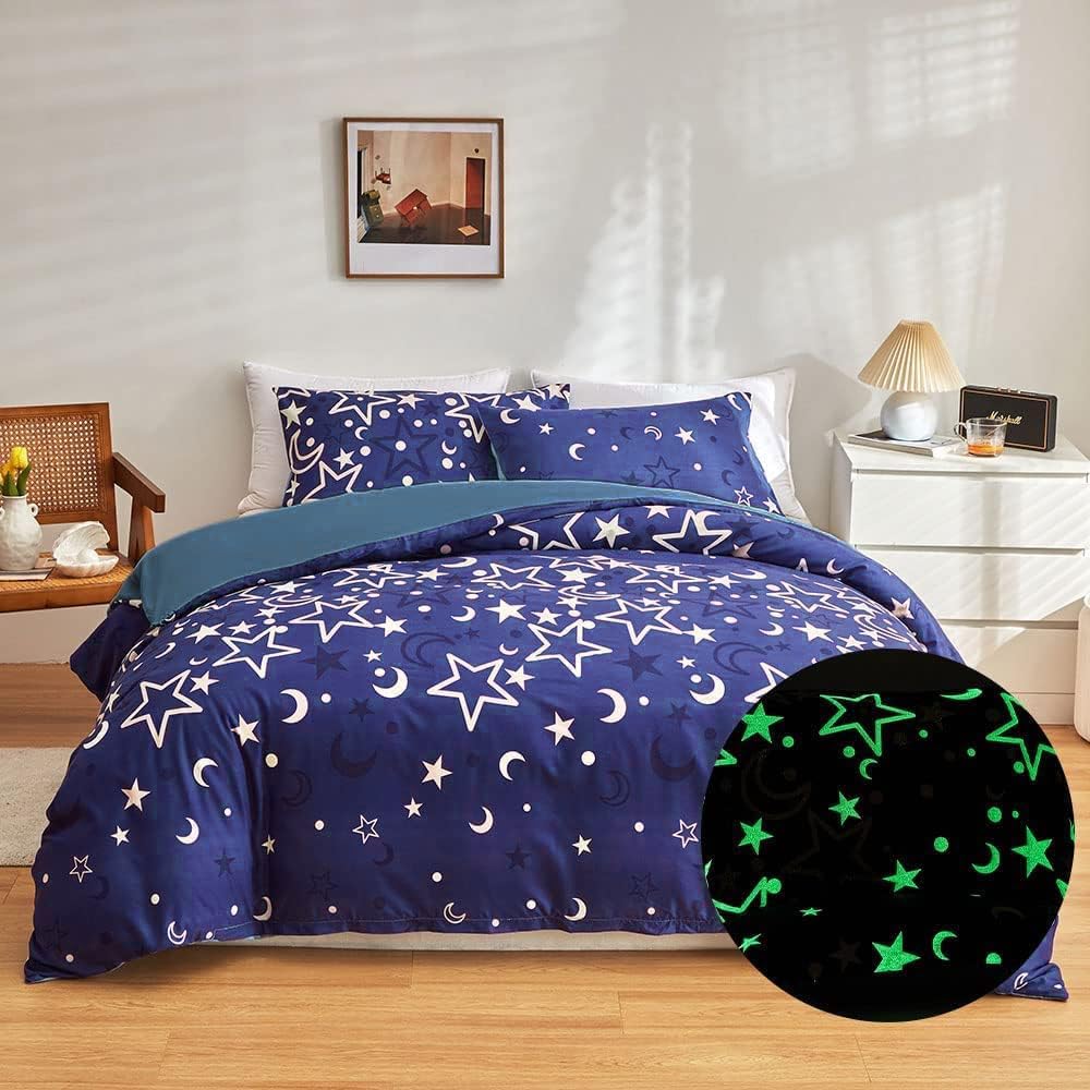 Loussiesd Galaxy Glow in The Dark Bedding Set for Girls Kids Blue Universe Starry Night Duvet Cover Super Soft Glow 220x230cm Bed Outer Space Stars Moon Comforter Cover Set Girl Bedroom
