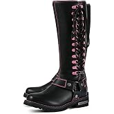Dream Apparel Women's Harness Motorcycle Riding Boots for Biker, Square Toe Lace Up Knee High Boots with Side Zipper, Black PU Leather Footwear Ladies