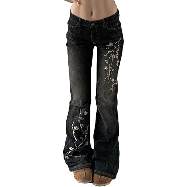 HOXIJIA Women Low Rised Wide Leg Denim Pants Y2k Solid Baggy