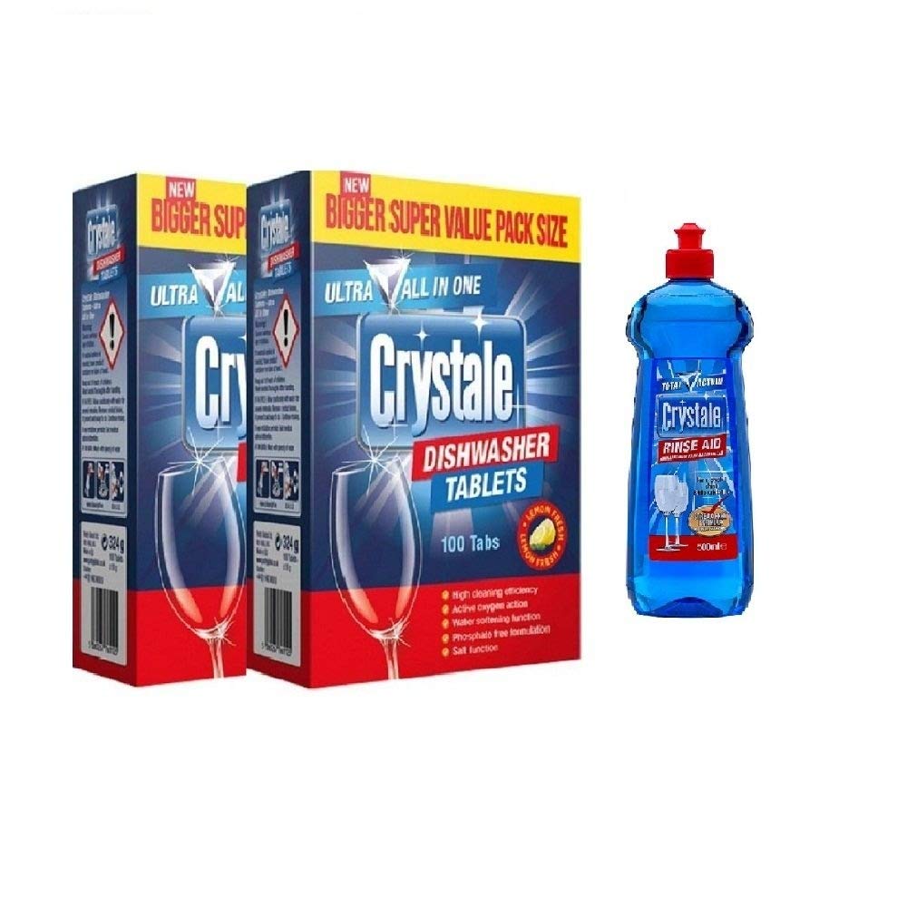 Crystale Dishwasher Tablets (Pack of 2 x100) with Dishwasher Rinse Aid