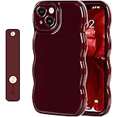 NITITOP Compatible with iPhone 14 Plus Case Cute Simple Wave Design Stylish Wavy Curly Frame with Wrist Adjustable Hand Strap Kickstand Grip Holder Soft Silicone Protective Cover - Wine Red