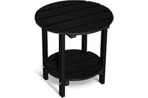 LOENIY 2 -Tier Outdoor Side Table HDPE Adirondack Table Patio Side Table with Wood-Like Grain Weather Resistant End Table Small Outdoor Table(Black, Round)