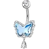 OUFER Belly Button Rings, 14G Butterfly Belly Rings, Pave Blue Crystal Stone Belly Piercing Jewelry, 316L Surgical Steel Navel Piercing Jewelry For Women Men