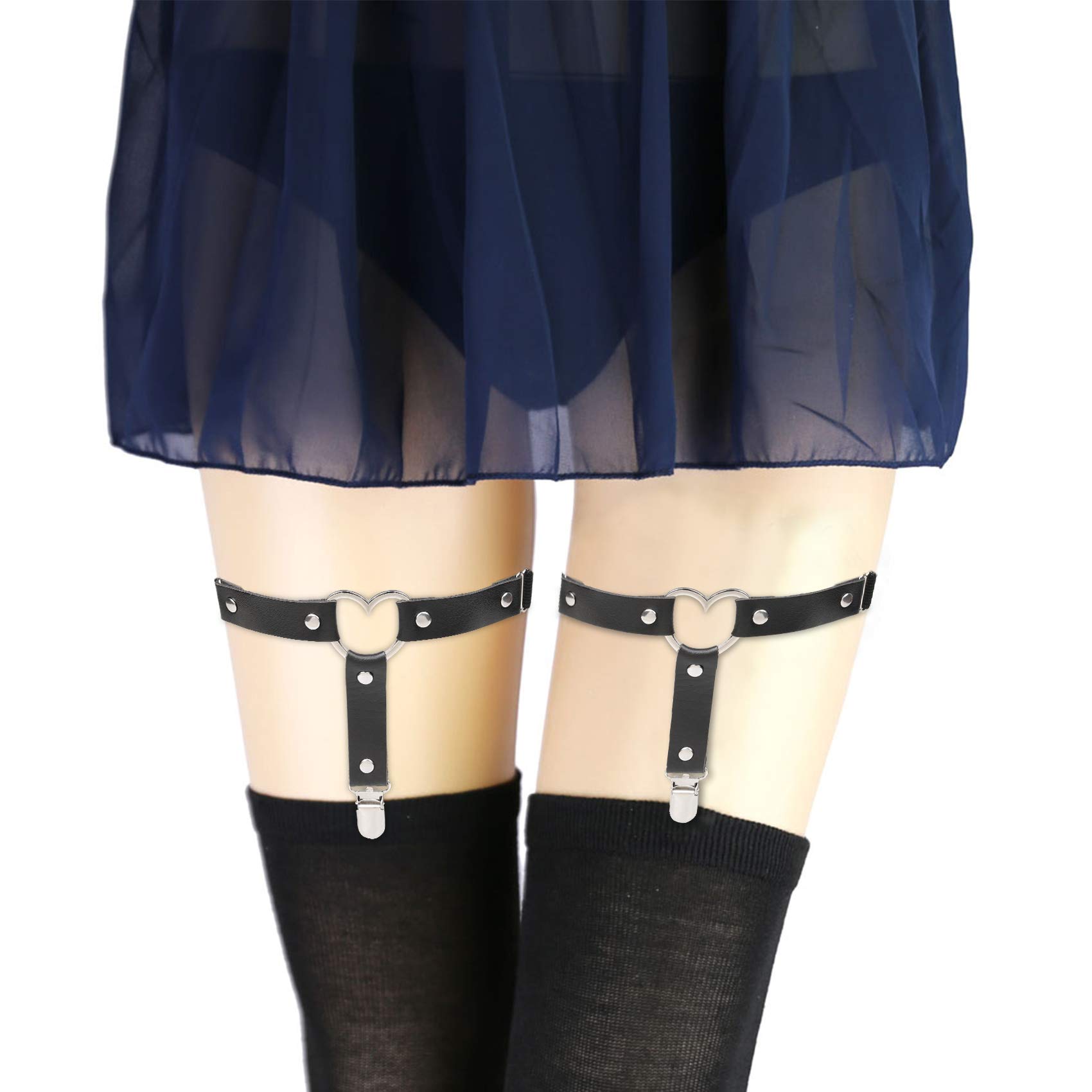 2pcs Adjustable Heart Thigh Garter with Anti-Slip Clips, Elastic Punk Leg Garters for Women, Black