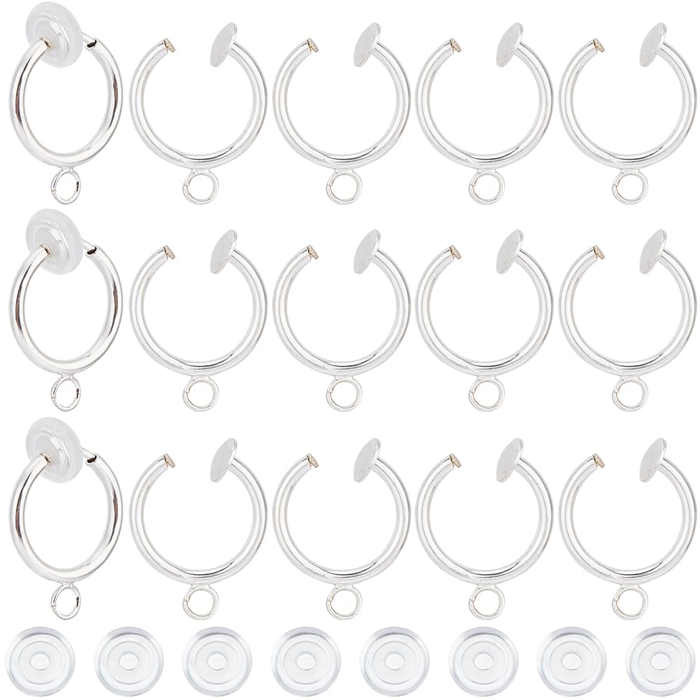 SOFPLATE 1 Box 30Pcs Clip-on Earring Converter Silver Earrings Clip Back Brass Hoops Non Pierced Earring Findings with Loops and Silicone Pads Earring Clips for jewellery Making Supplies Women Beginne
