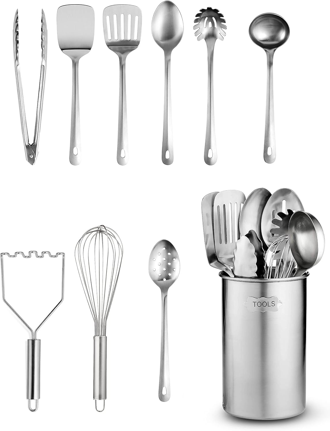Stainless-Steel Kitchen Utensil Set - 10-Piece Premium Nonstick & Heat Resistant Gadgets, Turner, Spaghetti Server, Ladle, Serving Spoons, Whisk, Tongs, Potato Masher & Utensil Holder