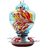 Hummingbird Outdoor Eater, Hand Blown Glass Hummingbird Feeder, Leak Proof, Easy Install (Blue)