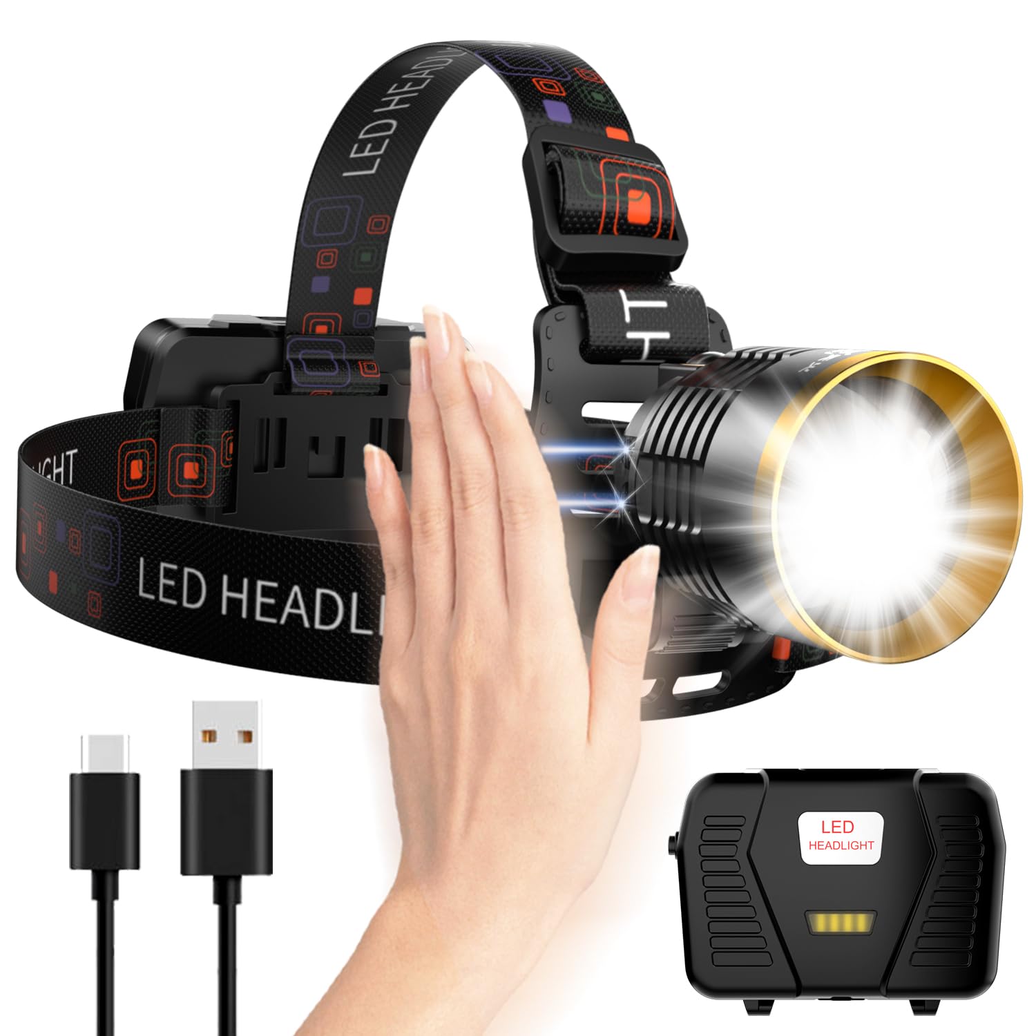 Photo 1 of **MISSING BATTERIES **VOLISABER Rechargeable Headlamp LED, 1000 Lumens Super Bright Headlamp with Motion Sensor & Dual Light, 9000mAh Waterproof Head Light Zoomable 90° for Hiking, Camping, Cycling, Repair