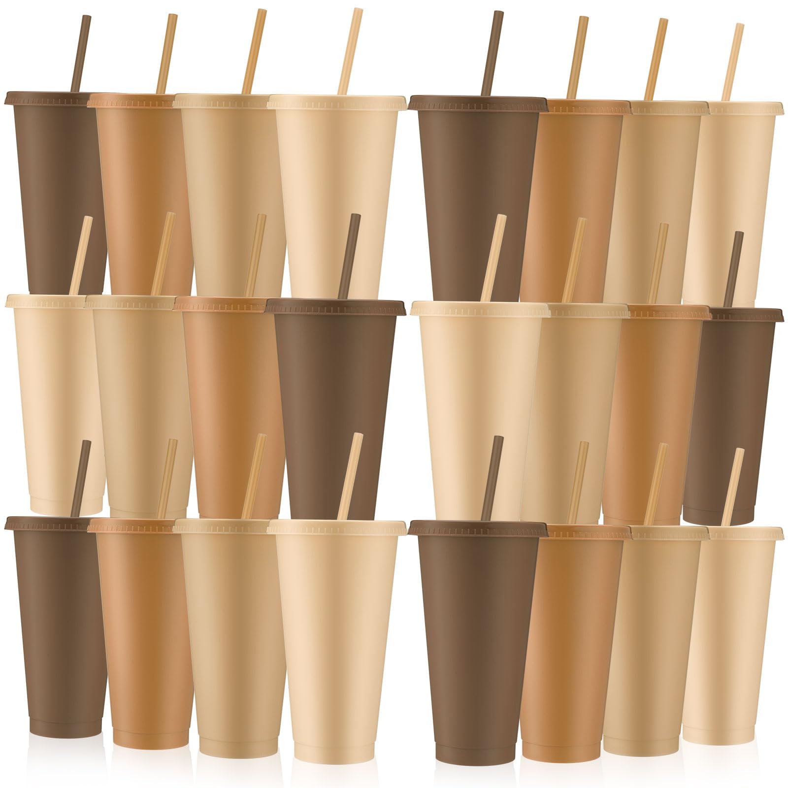 Photo 1 of Skylety 24 Pcs Brown Plastic Cups with Lids and Straws 24 oz Neutral Reusable Tumbler Large Travel Mug Cup Coffee Beverage Drinks Party Supplies for Wedding Bridal Baby Shower Birthday