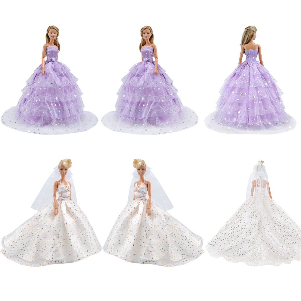 E-TING 2 pcs Princess Dress Sequin Gown with Veil Handmade Bride Party Dresses Ball Clothes for Girl Dolls (Sequin Dress + Purple)