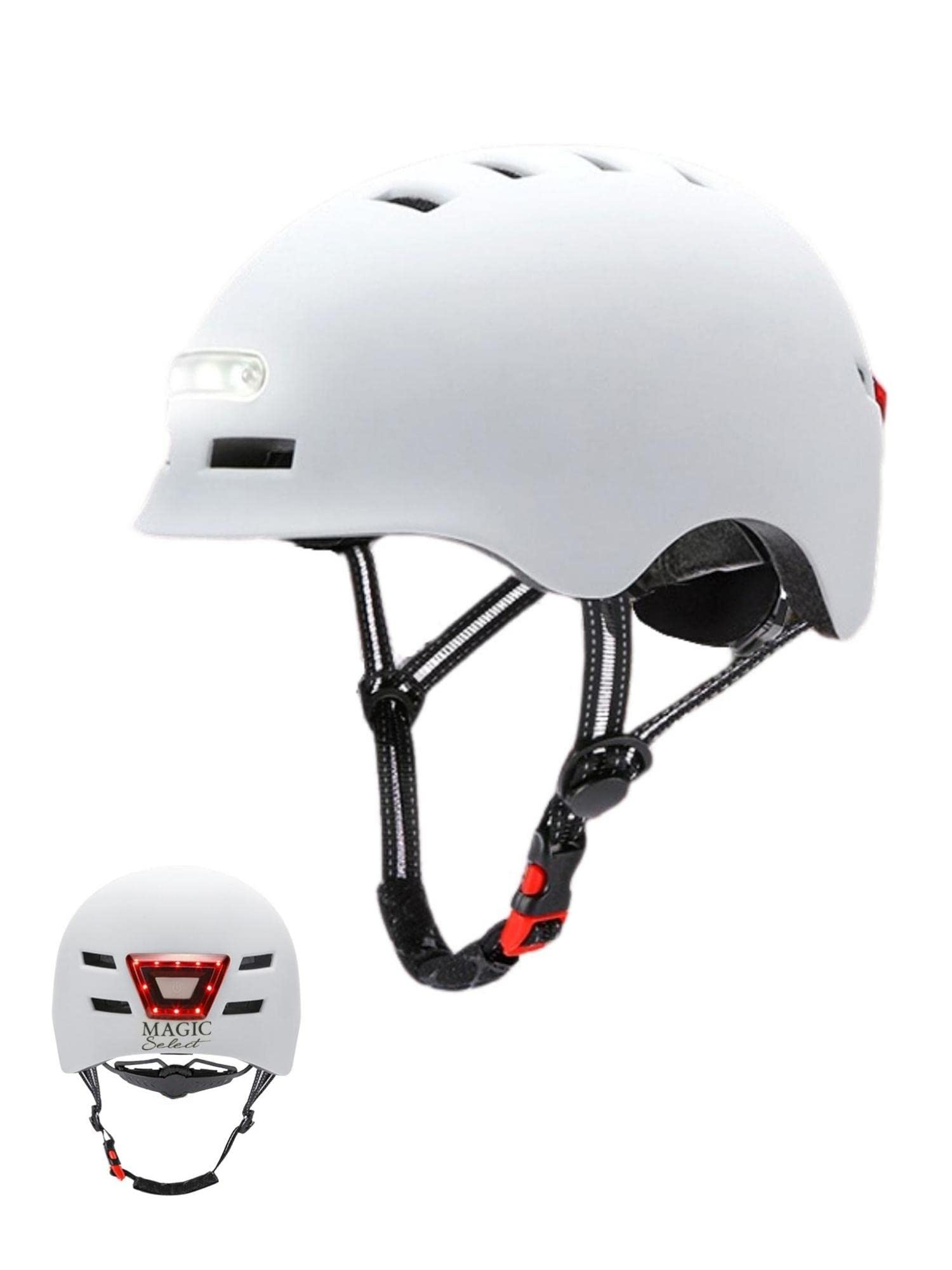 Bike Helmet or Electric Scooter with Red Warning Light + White Front Light. MTB Cycling Helmet, Bicycle, Skate; Lightweight with Removable Lining, PC + EPS Shell, 14 Vents and USB Charging Cable.