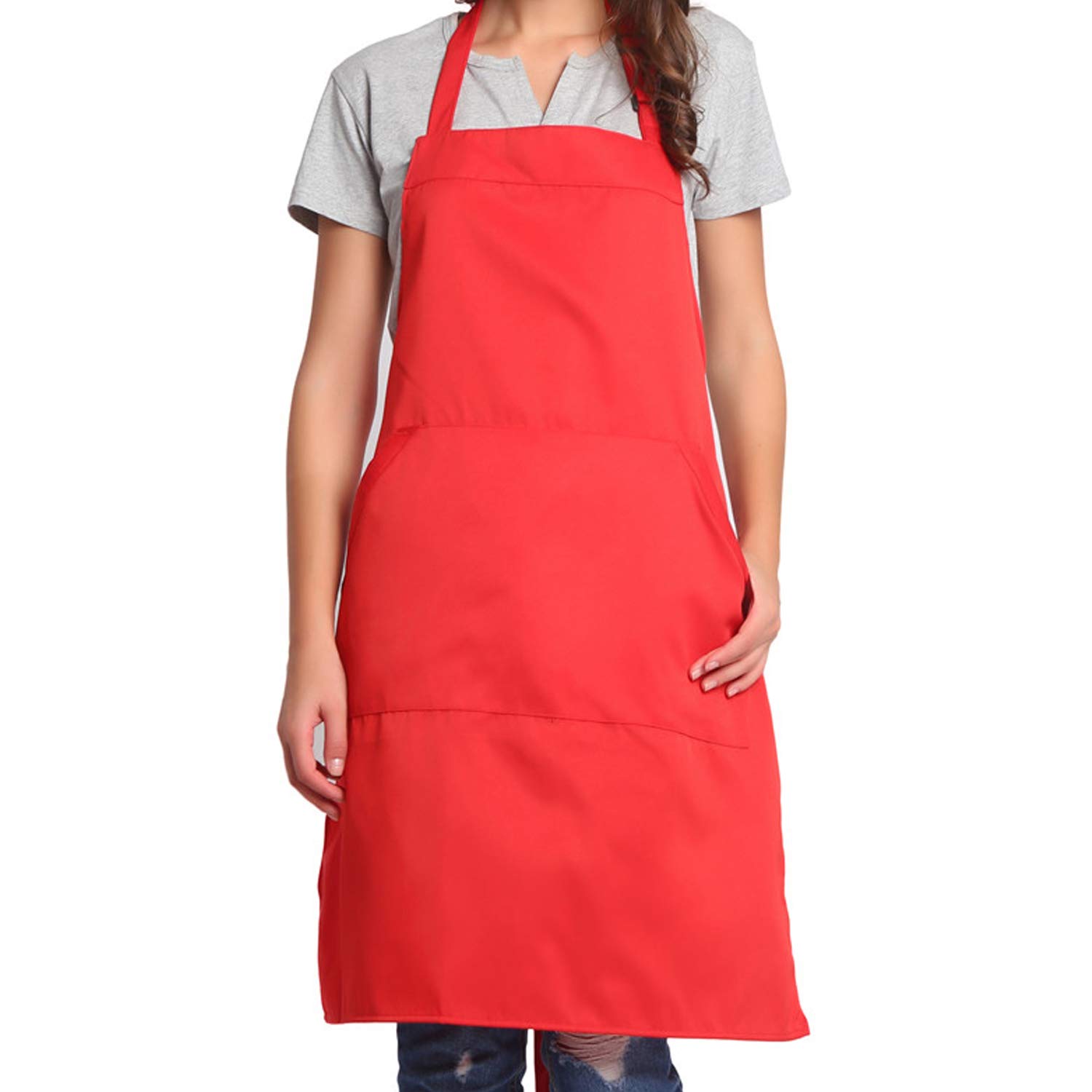 BIGHAS Adjustable Bib Apron with Long Ties for Women Men 18 Colors Chef Kitchen Cooking (Red)