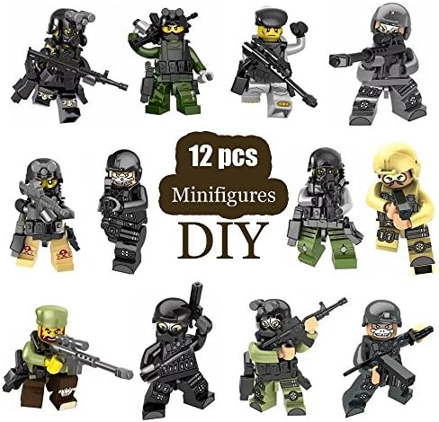 Minifigures Set - 12pcs Army Minifigures Building Bricks Toys Compatible Figures SWAT Team with Weapons Accessories Policeman Soldier