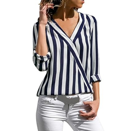 Damen Langarmshirt,Innerternet Mode Frauen Langarm Gestreift Blusen Elegant V-Ausschnitt Lose Bluse Hemd Pullover Sweatshirt 