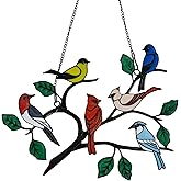 Six Birds Cardinal Gifts Stained Metal Window Hangings, Multicolor Bird On A Wire Window Panel Decor Series Ornament Home Wall Garden Decoration Love Gifts