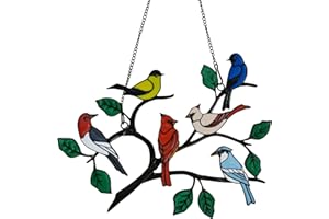 ZUAJITER Six Birds Cardinal Gifts Stained Metal Window Hangings, Multicolor Bird On A Wire Window Panel Decor Series Ornament Home Wall Garden Decoration Love Gifts