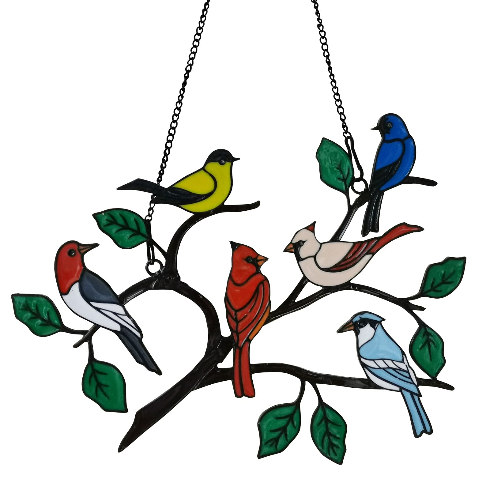 Photo 1 of Six Birds Cardinal Gifts Stained Metal Window Hangings, Multicolor Bird On A Wire Window Panel Decor Series Ornament Home Wall Garden Decoration Love Gifts
