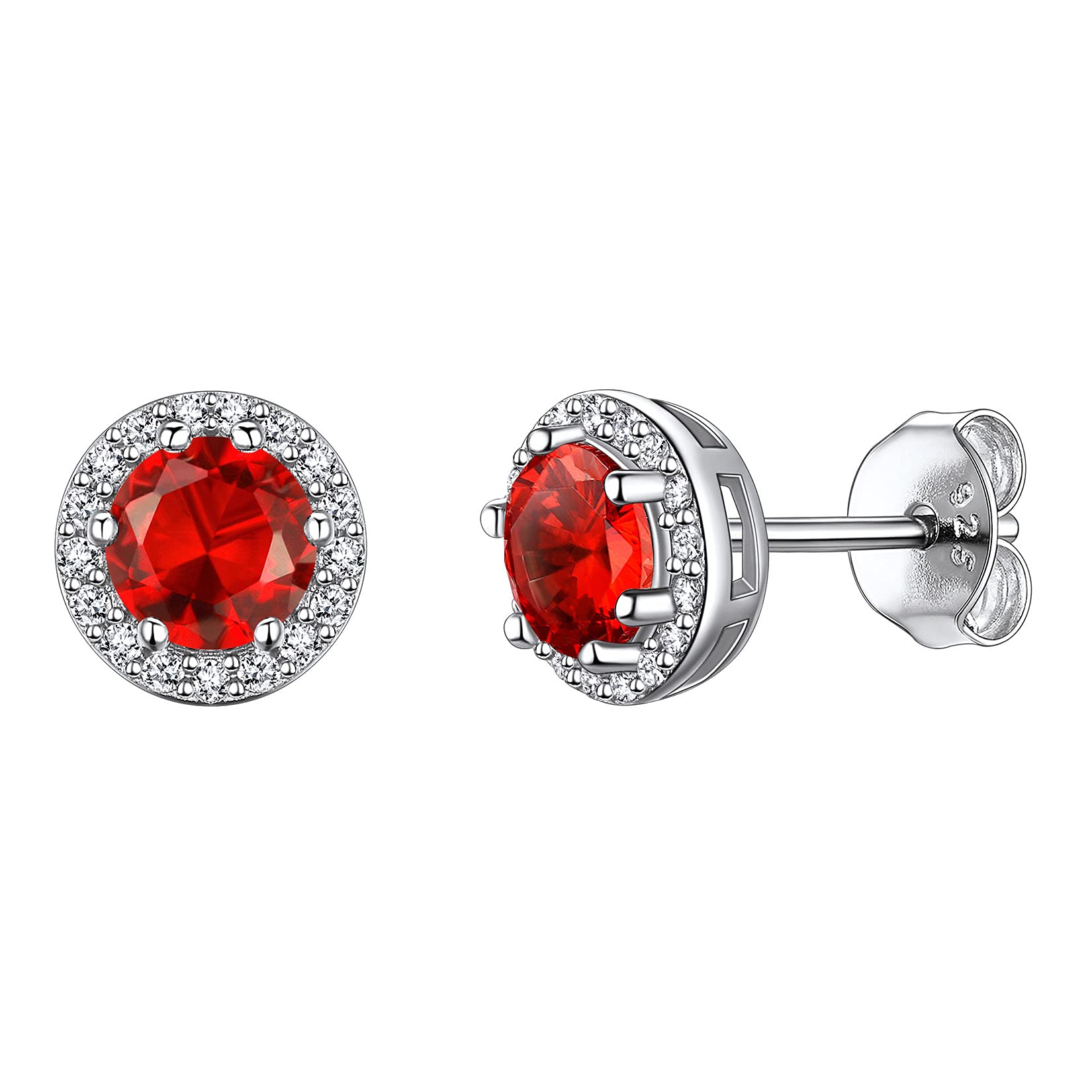 925 Sterling Silver Round Brilliant Cut Cubic Zirconia CZ Stud Earrings Dainty Small Comfortable Simulated Red Ruby July Birthstone Hypoallergenic Earrings for Women Girls Teens