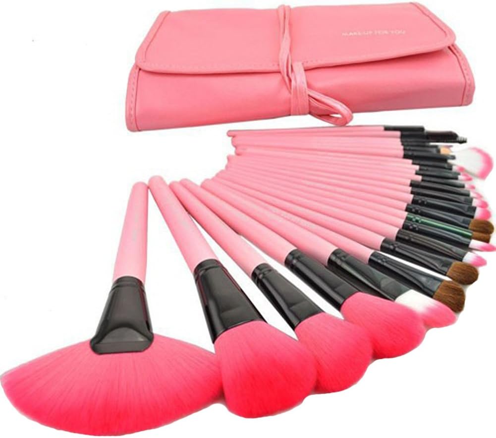 KUPOO 24 Pcs Professional Cosmetic Makeup Brush Set Kit with Synthetic Leather Case_Pink