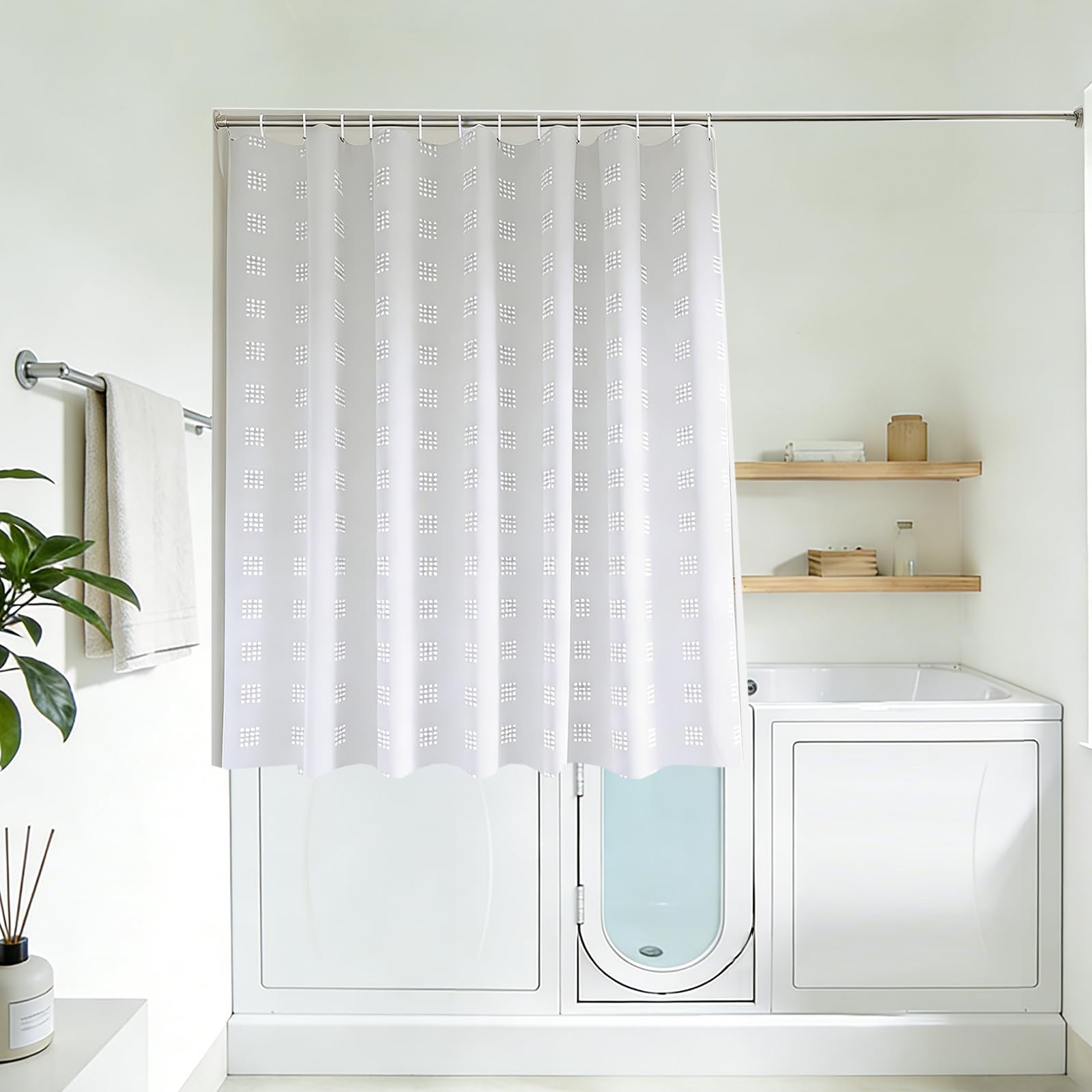 YISURE Extra Short Shower Curtain 102 Drop, White Textured Waterproof Small Shower Curtain for Bathroom Tub, Weighted Bottom and Plastic Hooks 71" x40"/180x102cm — image 1