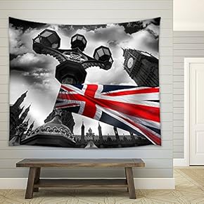 Big Ben with Flag of England, London, UK - Fabric Wall Tapestry Home Decor - 51x60 inches
