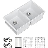 Dcolora 33 Inch Double Bowl Undermount Kitchen Sink White Deep Double Basin Prep Sink 50/50 Split Granite Composite 33"×19"×1