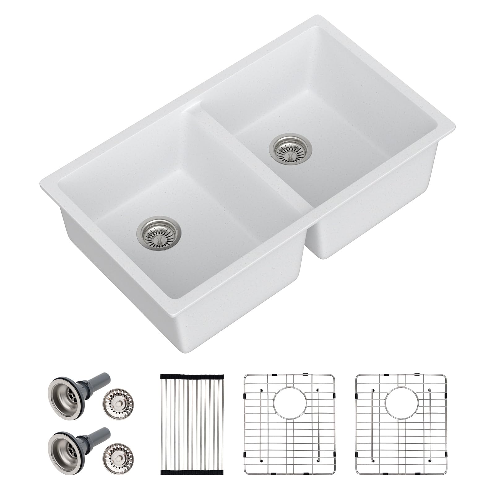 Photo 1 of Dcolora 33 Inch Double Bowl Undermount Kitchen Sink White Deep Double Basin Prep Sink 50/50 Split Granite Composite 33"×19"×10“,#DC-GU001W