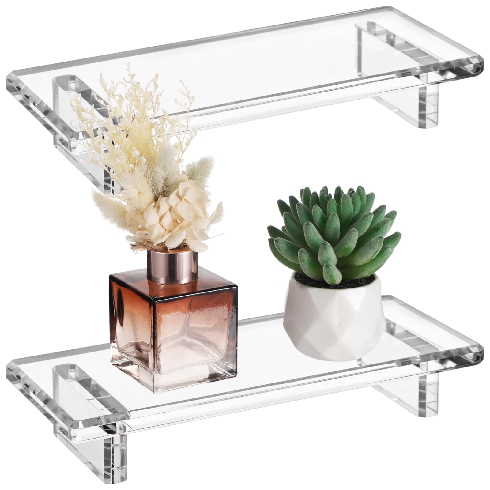 Photo 1 of 2 PCS Acrylic Bathroom Counter Tray Stand, Thick Acrylic Organizer Riser for Vanity, Candle, Plant Display, Rounded Edge Clear Shelf with Anti-Slip Pads for Kitchen Bedroom Office
