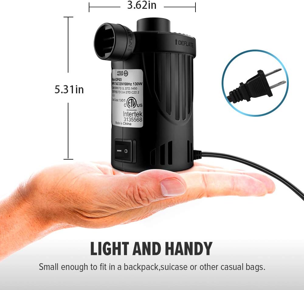 OutdoorMaster Air Mattress Pump - Electric Air Pump Portable OP420 0.64 PSI Inflator/Deflator Pumps for Raft, Pool, Pool Floats, Bed, Toy, Yoga Ball, Quick-Fill AC Pump with 3 Nozzles,110-120 Volt: Home & Kitchen