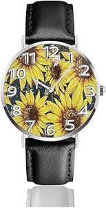 Girasoles Reloj de Cuero Relojes de Pulsera de Cuarzo con Caja de Acero