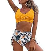Fanuerg Women's Twist Front High Waisted Bikini Swimsuit Drawstring Tie Side Bottom Two Piece Bathing Suit