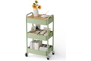 johgee 3 Tier Rolling Cart with Table top, Metal Rolling Utility Cart, Sturdy Storage Organizer Cart with Locking Wheels & Hooks for Office, Classroom, Kitchen and Bathroom