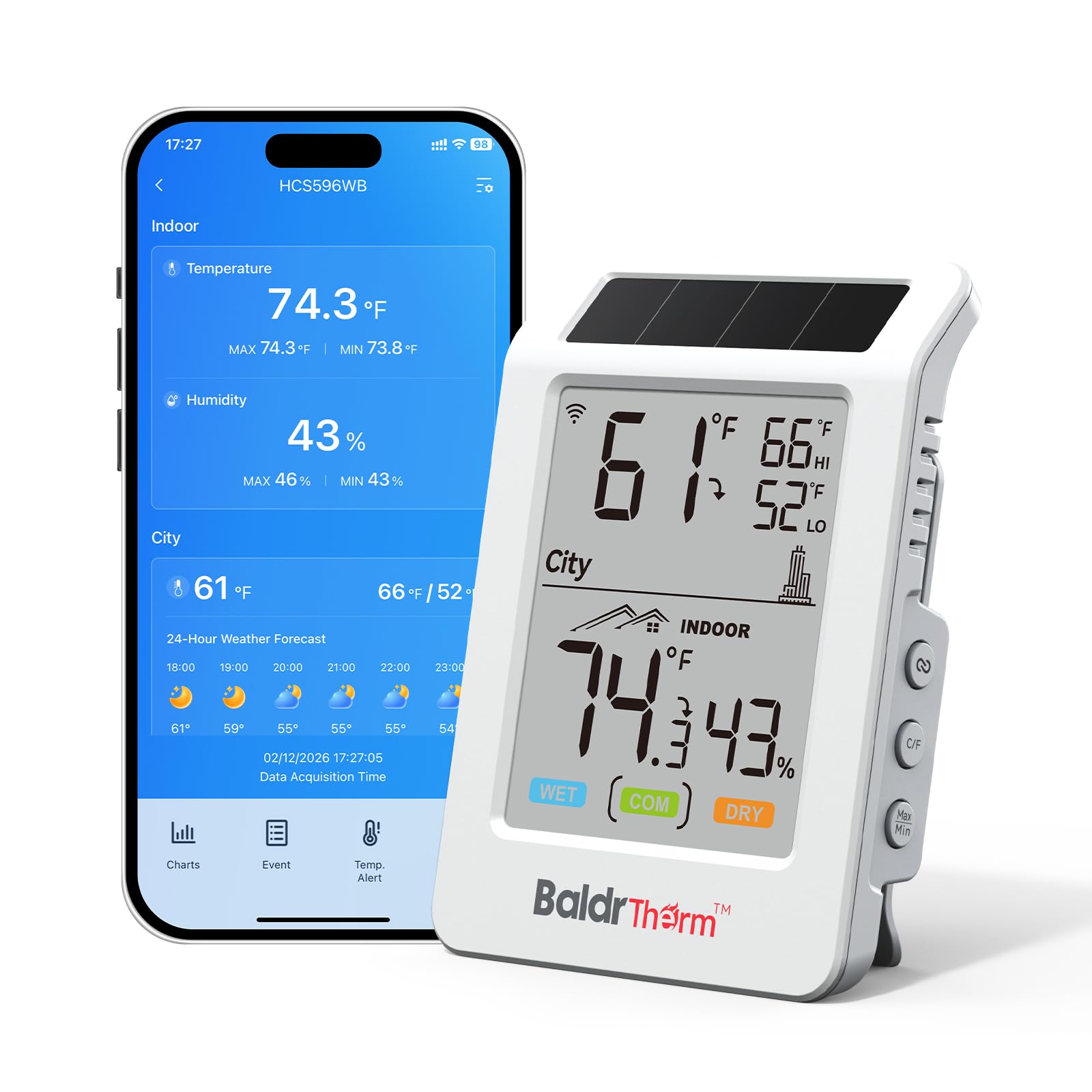 WiFi Thermometer Hygrometer with Freezing Alert, Solar Boost Wireless Indoor Outdoor Temperature Humidity Monitor, 3.9″ Large Screen, App Alerts for Greenhouse, Pipe Protection, Cellar & Baby Room