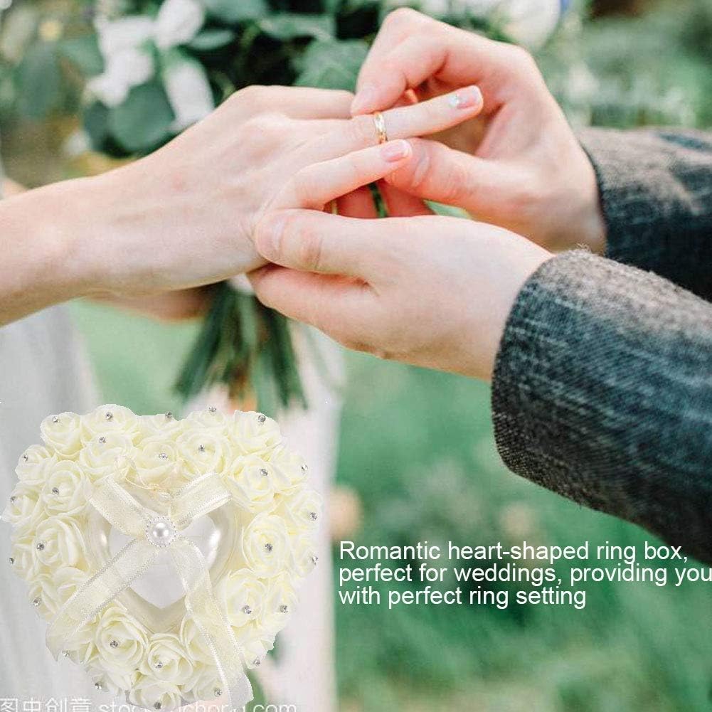 Romantic Heart-shaped Wedding Box Rose Rhinestone Decor Pillow Cushion for Case Bearer(Beige), Ivory - Image 5
