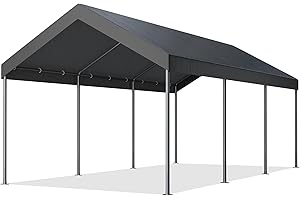 JAMFLY Carport 10 x 20 ft Heavy Duty Carport Car Canopy with Powder-Coated Steel Frame, Portable Garage for Car, Boat, Shelter Party Tent with 180g PE Tarp for Wedding Garden, Dark Gray