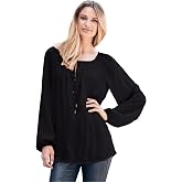 ellos A-Line Long Sleeve Peasant Tunic With Tie-Neck Keyhole Neckline | Women's Plus Size