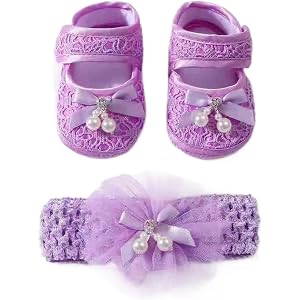 Mtsebmves Baby Girls Mary Jane Shoes with Headband Soft Sole Lace Crib Princess Shoes with Bows Infant First Walkers Shoes