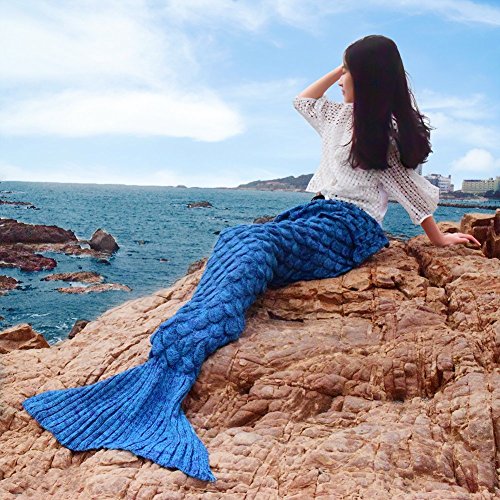 Mermaid Tail Blanket Various Style Snuggle Crochet Seasons Warm Soft Handmade Living Room Sleeping Bag Blankets for Adults Teens Kids (Adult-Scaly Style-Sky Blue)