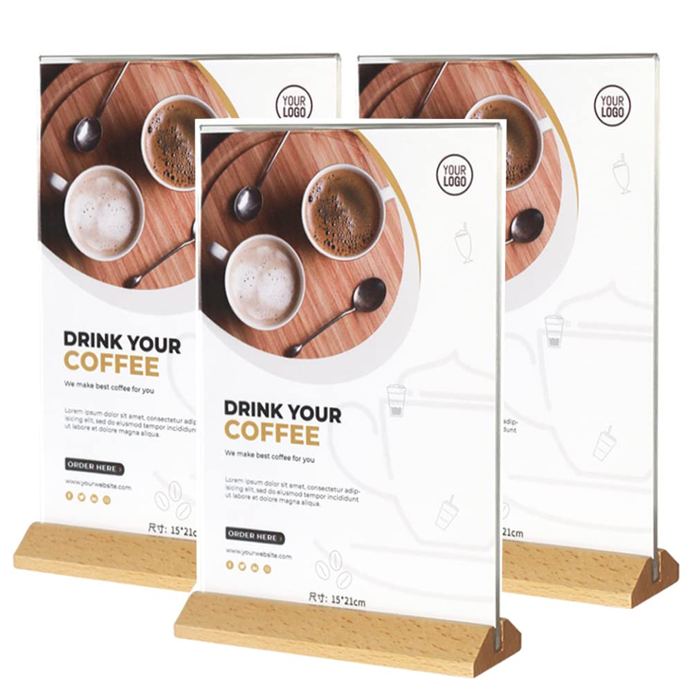 Aisamco Pack of 3 A5 Acrylic Sign Holders T Shape Clear Acrylic Double Sided Frame with Wooden Base Table Menu Display Stand Flyer Desk Display