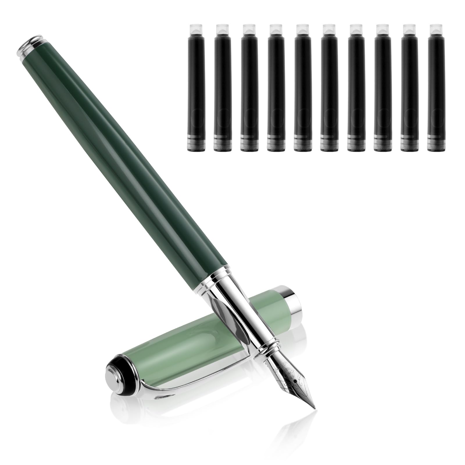 Cobee Metal Fountain Pens with 10 Black Ink Cartridges, 0.5mm Fine Nib Fountain Pen Smooth Writing Luxury Calligraphy Pen Office School Supplies (Green)