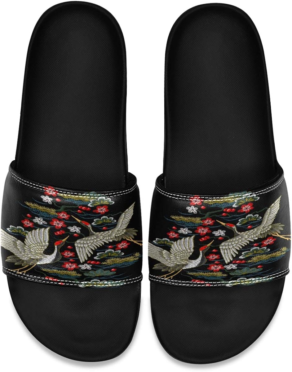 japanese house shoes on Amazon Com Japanese White Cranes And Red Flowers Men S Leather Slide Sandals Summer House Slippers Comfortable Boys Sandals
