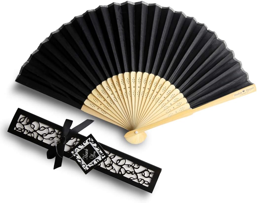 Doris Home 50pcs Black Silk Bamboo Handheld Folded Fan Wedding Favor Fan with Laser Cut Gift Box for Bridal Gift Party Favors (Without Names),FAN01-50BA